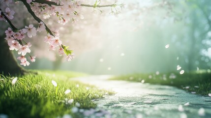 Poster - Cherry blossom petals gently falling onto a tranquil path winding through a lush green park, bathed in the soft glow of spring sunlight, creating a serene and idyllic natural landscape