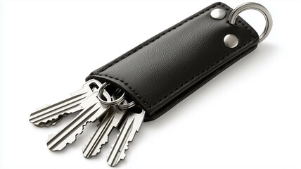 Wall Mural - Ultra-realistic image of a black leather key holder with multiple key rings, isolated on a white background
