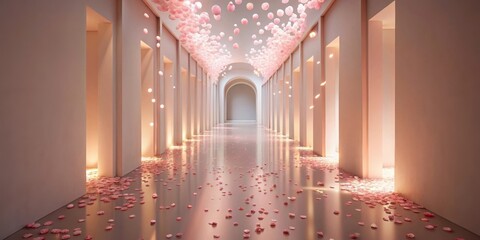 Wall Mural - Serene Pink Petal Pathway An Enchanting Architectural Interior with Soft Illumination and Falling Decorative Elements