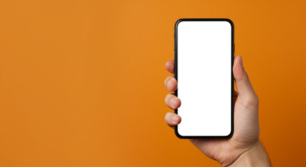 Poster - Smartphone in Hand with Blank Screen on Orange Background. Hand holding smartphone with blank screen. Smartphone with blank screen in hand