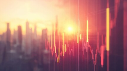 Poster - Financial Market Skyline:  Sunset Over Cityscape with Stock Market Data
