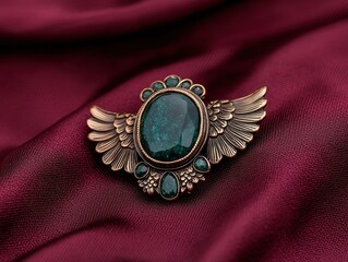 Vintage brooch with a large green stone on a red background.