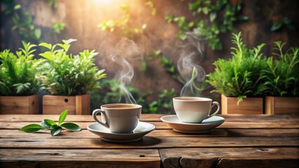 Two steaming cups of coffee on rustic wooden table, surrounded by lush green potted plants in morning sunlight