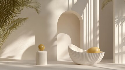 Poster - Minimalist interior scene featuring curved shapes and soft shadows, with decorative objects and plants