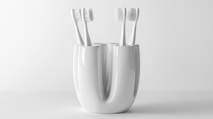 Wall Mural - Photorealistic image of a white ceramic toothbrush holder with multiple slots, isolated on a white background
