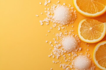 Wall Mural - Sliced oranges and piles of salt on yellow background