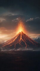 Poster - Volcano erupting at night, with molten lava flowing down its slopes, creating a stunning display of nature's power amidst a dramatic, cloudy sky filled with ash and smoke