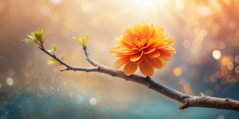Wall Mural - A Vibrant Orange Blossom on a Slender Branch, Illuminated by Soft Light and Surrounded by a Dreamy Bokeh Background