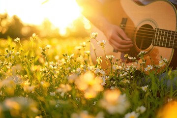 Canvas Print - A person playing guitar in a sunlit flower field, capturing a carefree and joyful mood with vibrant blossoms and warm sunshine in a spring setting