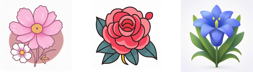 Wall Mural - three flower illustrations showcase a pink daisy-like bloom, a red rose with leaves, and a blue bell