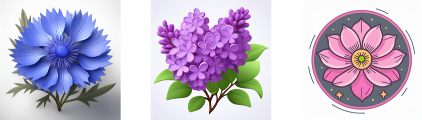 Wall Mural - three flower illustrations: a blue cornflower, a purple lilac, and a pink lotus mandala design, all 