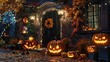 © Gilang - Halloween decorated house at night with jack-o'-lanterns and autumn leaves