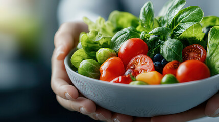 Poster - bowl of fresh, vibrant vegetables including cherry tomatoes, lettuce, and spinach is held in hands, showcasing healthy and nutritious meal option