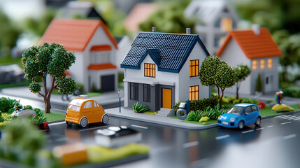 Aufkleber - 3D visualized model of smart city showcases renewable energy with solar panels on houses, electric cars, and green spaces, illustrating sustainable urban environment