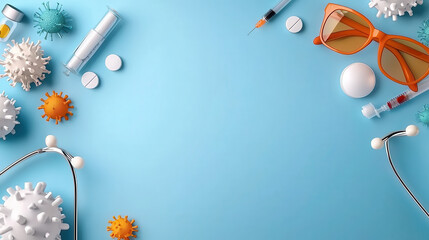 Poster - Medical tools and virus models on blue background symbolize global health research. image includes stethoscopes, syringes, pills, and virus representations, highlighting healthcare themes