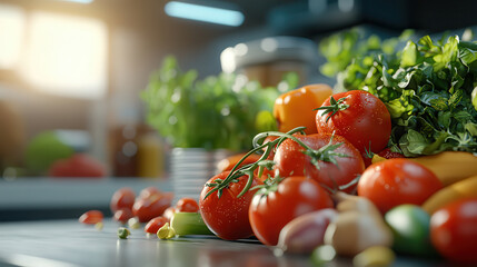 Poster - Fresh tomatoes and vegetables on kitchen counter with sunlight streaming in