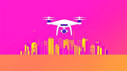 Poster - AI Chatbots and Drones, exploring the fusion of technology for automated deliveries, surveillance, environmental monitoring, featuring bold outlines, simple colors, pop art design, neon palette