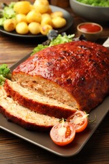 Wall Mural - Delicious turkey meatloaf with vegetables on wooden table, closeup