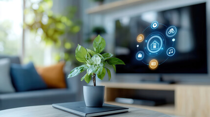 Poster - modern living room features holographic interface above potted plant, showcasing smart home technology. room is stylishly decorated with focus on technology and comfort