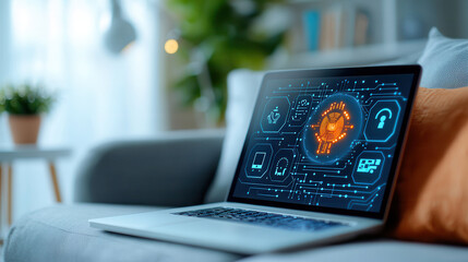 Fototapete - laptop displaying digital interface with futuristic technology icons sits on cozy sofa in modern living room, suggesting blend of comfort and advanced technology