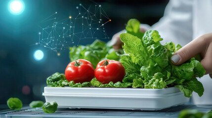 Leinwandbilder - person tends to fresh organic vegetables, including tomatoes and lettuce, in automated hydroponic farm, showcasing advanced technology in agriculture