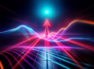 Poster - Double exposure abstract art with glowing lines converging to an upward arrow in vibrant neon colors on a dark background.