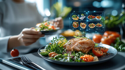 Poster - futuristic dining experience with holographic menu display, showcasing variety of dishes. scene features person enjoying meal modern, AI integrated dining room, highlighting blend of technology