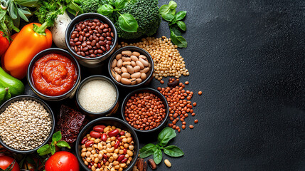 Poster - beautifully arranged collection of canned and dried foods, including beans, rice, and lentils, surrounded by fresh vegetables like peppers and broccoli on dark background