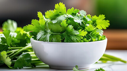 Poster - bowl of vibrant green coriander leaves sits on marble textured surface, showcasing their freshness and vivid color. leaves are lush and inviting, perfect for culinary use