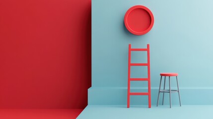 Poster - Colorful interior design featuring a red and blue wall with a stool and ladder