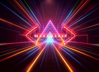 Aufkleber - Futuristic double exposure with vibrant neon lines converging towards a central triangle shape. A glowing and abstract design with perspective and depth.