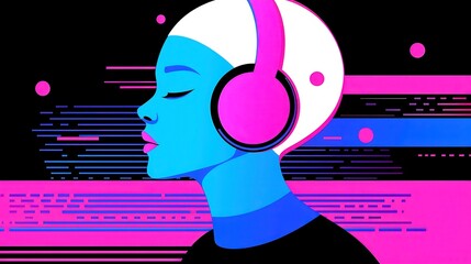 Poster - AI Chatbots in Entertainment, exploring scriptwriting support, acting enhancements, music creation, featuring bold outlines, solid colors, pop art design, geometric style, cool neon palette