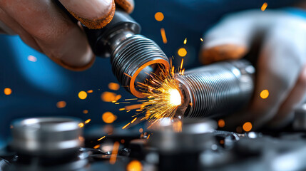 Leinwandbilder - close up of person welding metal parts, with sparks flying in workshop setting. image captures intensity and precision of welding process, highlighting glowing metal and worker protective gloves