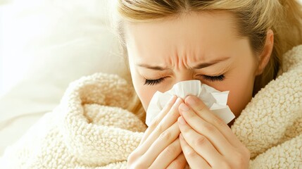Poster - Young woman wrapped in a blanket blowing her nose while suffering from a cold or flu virus, experiencing symptoms such as runny nose and congestion