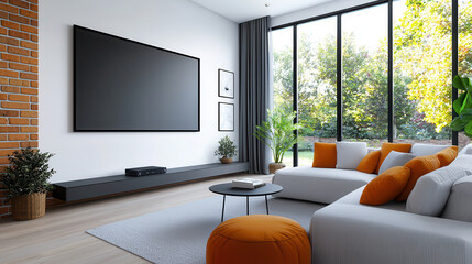 Aufkleber - cozy contemporary media room features soft couches and warm lighting, with large TV and modern decor. space is brightened by natural light from large windows, creating welcoming atmosphere