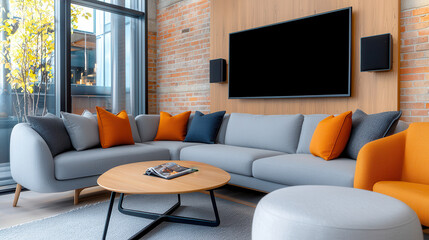 Aufkleber - cozy contemporary media room features soft gray couch with vibrant orange and blue pillows, round wooden coffee table, and large flat screen TV on brick wall