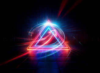 Poster - vibrant double exposure of a neon triangle and grid with streaks of light against a dark backdrop. a