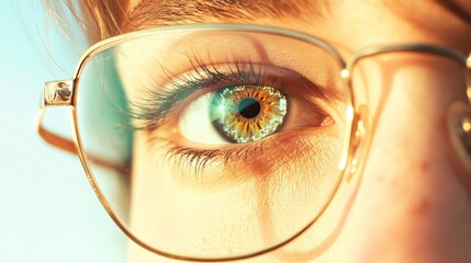 Poster - Close up of a woman's eye wearing eyeglasses, revealing a captivating green iris, long eyelashes, and the subtle texture of the surrounding skin, bathed in warm, inviting light