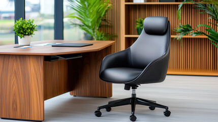 Aufkleber - modern corporate office features large wooden desk and sleek black leather chair, surrounded by gree