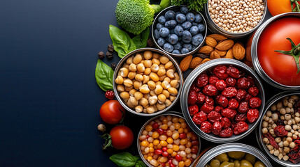 Poster - vibrant flat lay composition of canned and dried foods, including chickpeas, tomatoes, and blueberries, arranged with fresh vegetables and nuts on dark background