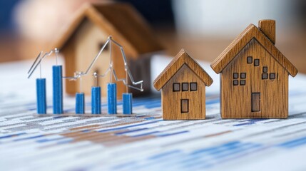 Poster - Wooden houses and graphs depicting market trends on a table with blurred background elements
