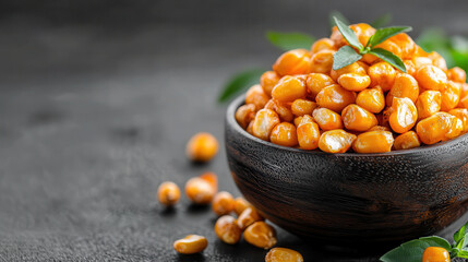 Poster - wooden bowl filled with golden roasted corn kernels garnished with green leaves on dark background. vibrant colors and textures create appetizing and rustic presentation