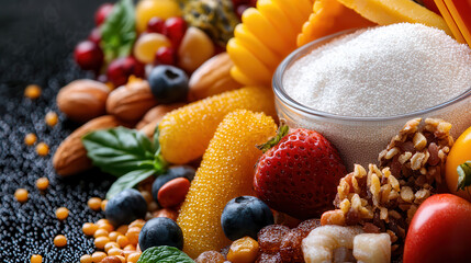 Poster - vibrant assortment of fresh fruits, nuts, and seeds displayed dark surface, showcasing variety of colors and textures. image includes strawberries, blueberries, almonds, and more, creating rich