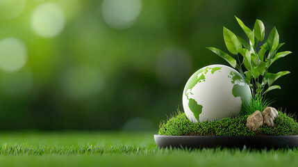 Poster - globe surrounded by lush greenery and rocks symbolizes environmental conservation and global sustainability. vibrant green background enhances theme of nature and ecological balance