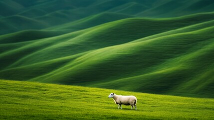 Aufkleber - One sheep is grazing peacefully in a vibrant green field, with a backdrop of smooth, rolling hills creating a serene and picturesque pastoral landscape