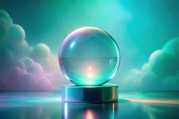 Wall Mural - a luminous orb rests on a polished platform, bathed in ethereal teal and rose light, a mesmerizing s