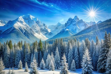 Wall Mural - Majestic Winter Wonderland Snow-Covered Coniferous Forest Against a Backdrop of Sunlit, Snow-Capped Mountains under a Sparkling Sky