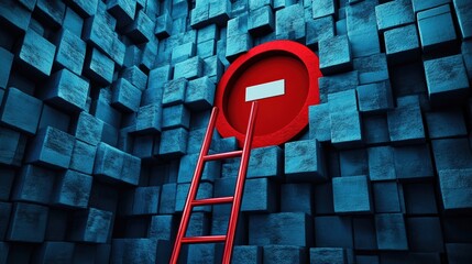 Poster - red ladder leading to circular opening in a blue textured wall of cubes, creating a surreal atmosphe