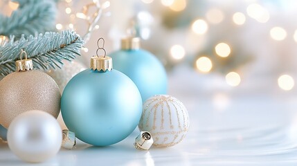 Wall Mural - Beautifully arranged Christmas ornaments in soft focus with twinkling lights in the background