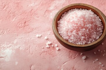 Canvas Print - Wooden bowl filled with pink himalayan salt on textured surface